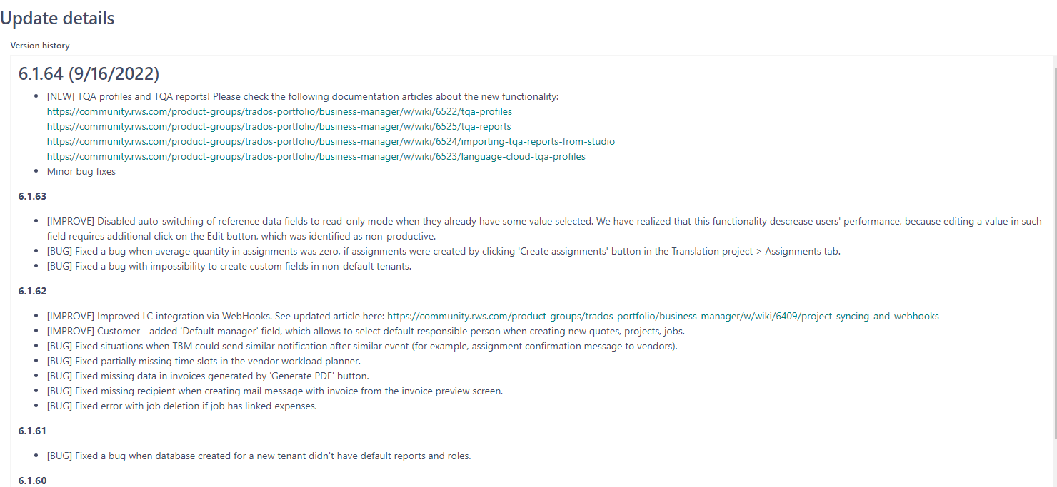 Screenshot of Trados Studio update details showing version history with the latest version 6.1.64 highlighted, featuring new TQA profiles and reports, and minor bug fixes.