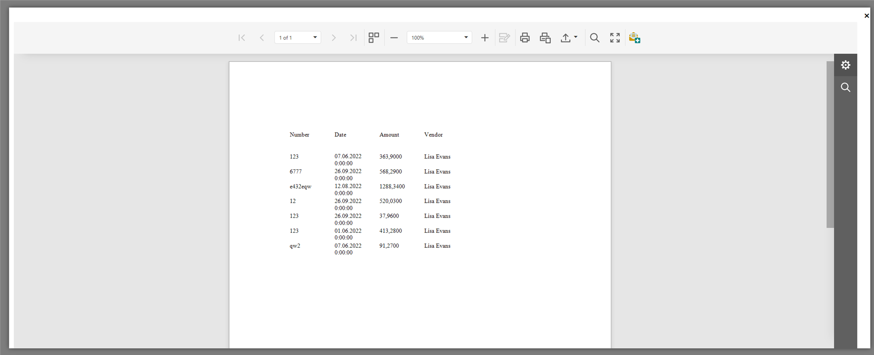 Preview of a custom report in Trados Business Manager displaying a table with columns for 'Number', 'Date', 'Amount', and 'Vendor'.