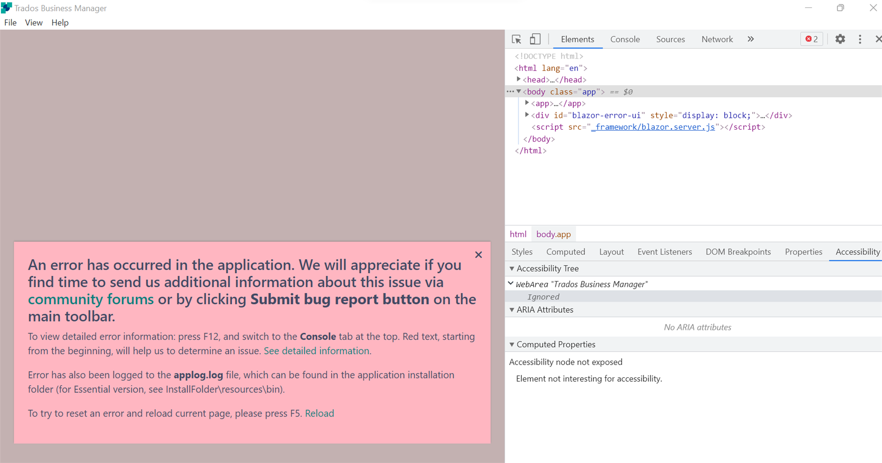 Trados Business Manager error message stating 'An error has occurred in the application' with instructions to submit a bug report and view detailed error information.