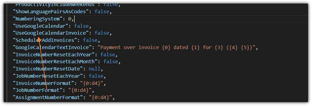 Screenshot of a JSON file opened in Notepad++ showing various settings including 'UseGoogleCalendar' and 'UseGoogleCalendarInvoice' both set to false.