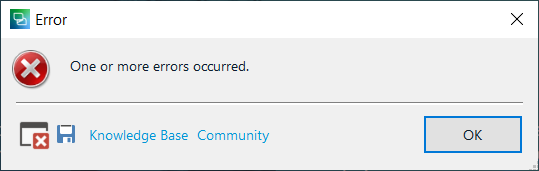 Error dialog box with a red 'X' icon indicating 'One or more errors occurred.' with options for 'Knowledge Base' and 'Community' and an 'OK' button.