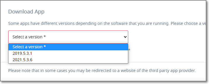 Dropdown menu on Trados Studio app store page with version options: 2019.5.3.1 and 2021.5.3.6.