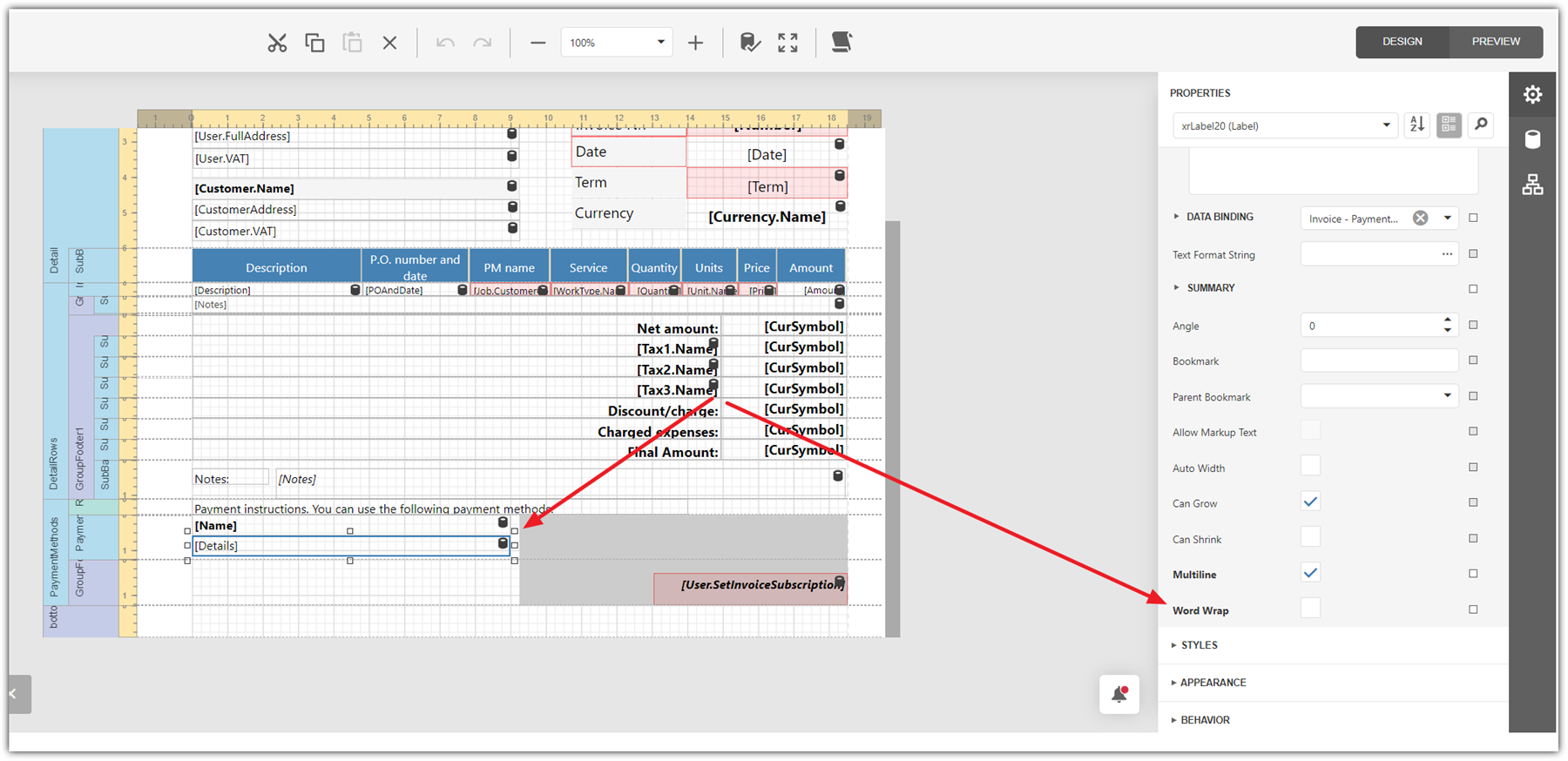 Screenshot of Trados Studio invoice template v1 showing properties panel with a focus on 'Multiline' property being enabled to fix text display issue.