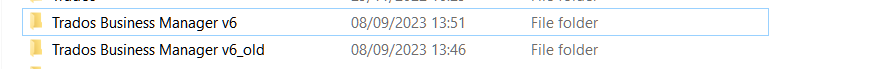 Screenshot showing two folders named 'Trados Business Manager v6' and 'Trados Business Manager v6_old' with timestamps indicating recent modification.