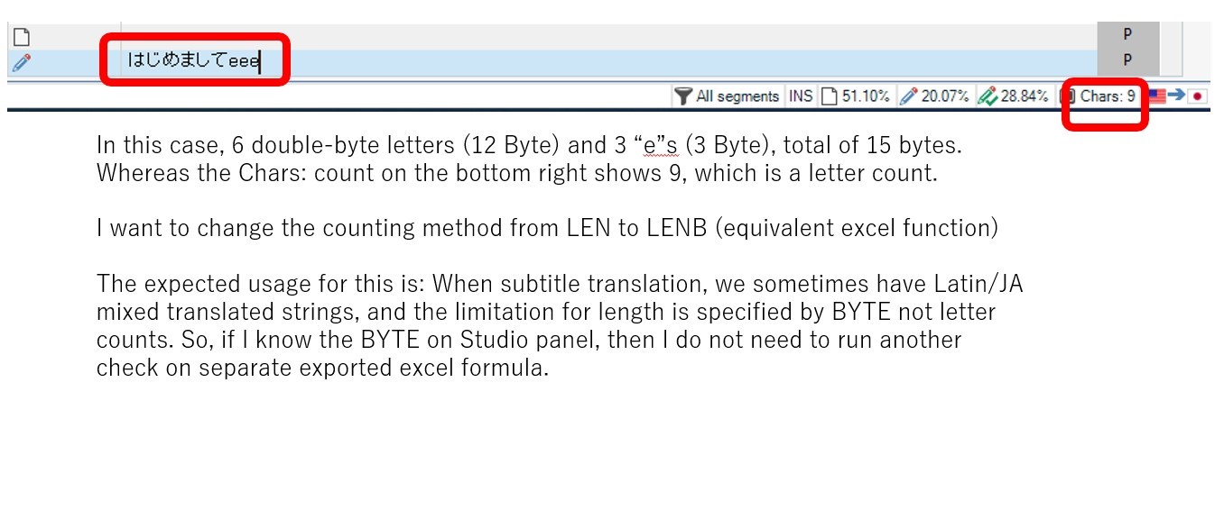 Screenshot of Trados Studio 2022 showing a translation panel with a string containing both double-byte and single-byte characters. The character count at the bottom right displays 'Chars: 9'.