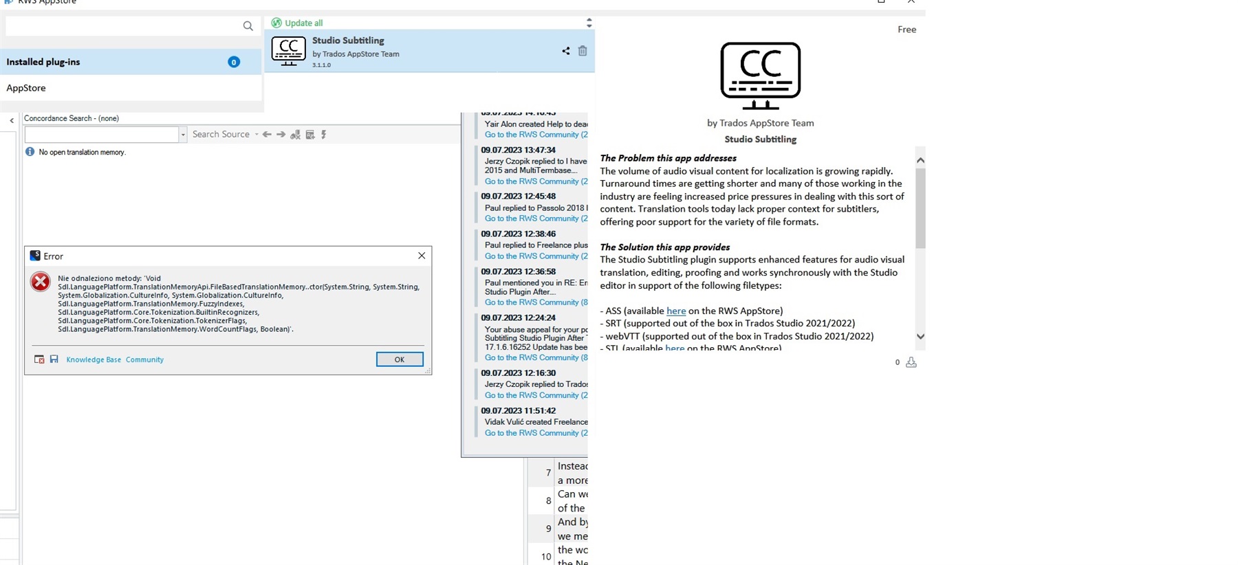 Screenshot of Trados Studio showing an error message in a red box stating 'Nie odnaleziono metody: Void' followed by a list of system file paths and an 'OK' button.