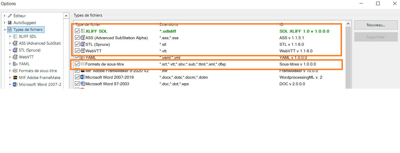 Trados Studio options menu showing file types with subtitle formats highlighted, including 'Formats de sous-titre' and 'YAML' with version numbers.