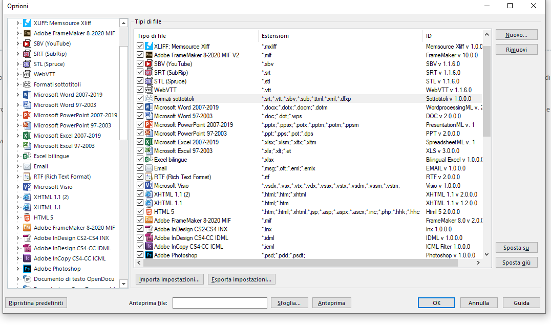 Trados Studio options window showing file types and extensions. The .sub (SubRip) file type is selected, indicating it is supported in the software.