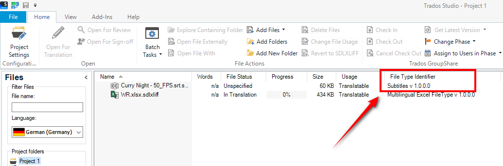 Trados Studio screenshot showing the Files view with two files listed: 'Curry Night - 50_FPS.srt' with 'Subtitles v 1.0.0.0' file type and 'WR.xlsx.sdlxliff' with 'Multilingual Excel File Type v 1.0.0.0'. Both files are marked as translatable.