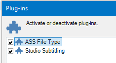 Screenshot showing the 'Plug-ins' menu with 'ASS File Type' and 'Studio Subtitling' plugins checked as active.