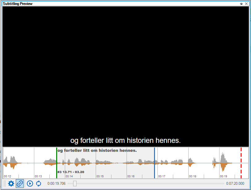 Screenshot of the Subtitling Preview window with a black screen, waveform display, and subtitle text 'og forteller litt om historien hennes.'