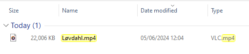 File explorer window showing a single MP4 file named 'Lovdalhl.mp4' with a size of 22,006 KB, last modified on 05062024 at 12:04.