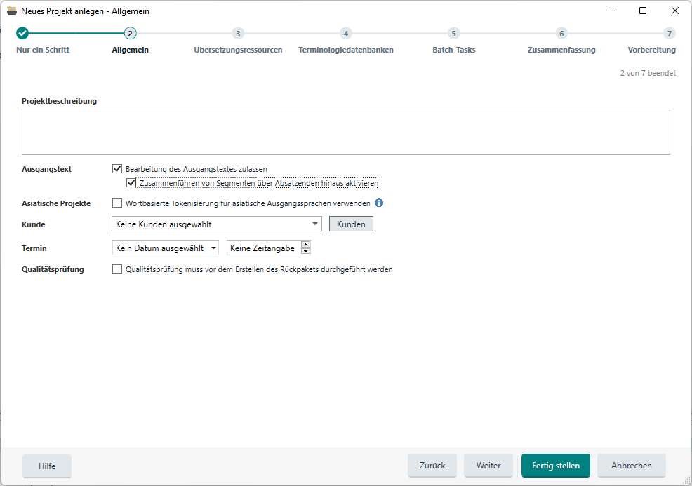 Trados Studio 'Create New Project - General' window with options for project description, source text editing, and quality check. 'Customer' and 'Deadline' fields are empty.