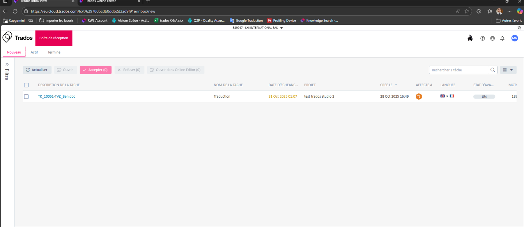 Trados Team inbox showing a task named TK_10061-TV2_Ben.doc with a due date of 31 Oct 2025 and a progress of 0%.