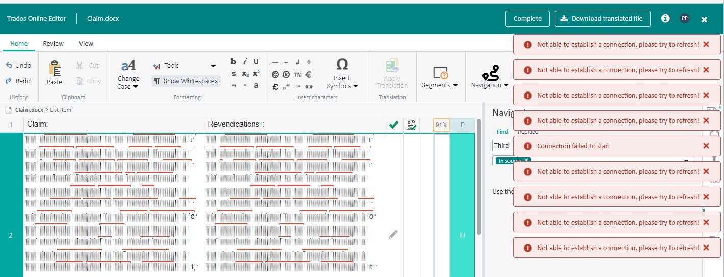 Screenshot of Trados Online Editor with a document titled 'Claim.docx' open. The document content is not legible. Multiple error messages stating 'Not able to establish a connection, please try to refresh!' are visible.