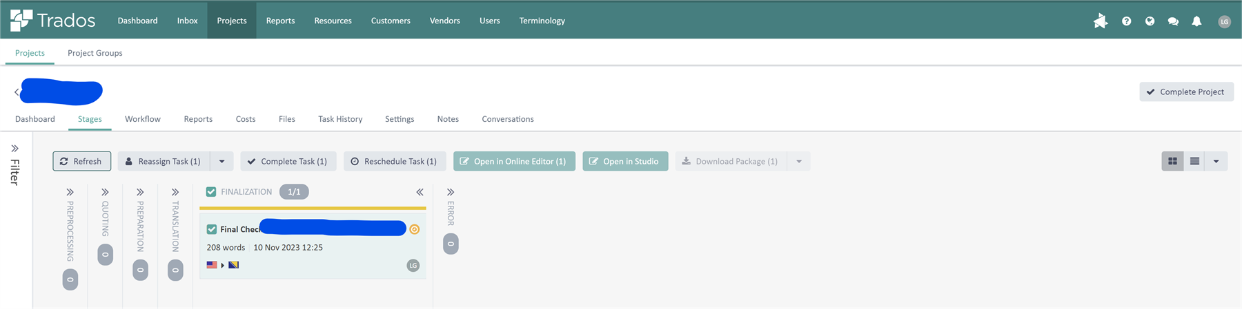 Trados Studio interface showing the project marked as completed in the finalization stage with an option to download a package, but no option to upload a file is visible.