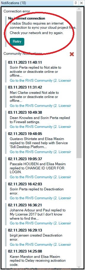 Screenshot of Trados Studio notifications panel showing a 'Connection error' message indicating 'No internet connection. Trados Studio requires an internet connection to sync your cloud project files. Check your network and try again.' with a 'Retry' button. Below are various community notifications.