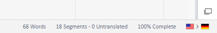 Trados Studio project summary showing 68 Words, 18 Segments, 0 Untranslated, and 100% Complete with German and French flag icons.