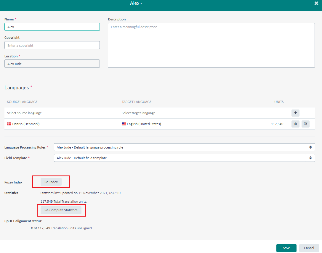 Trados Studio Translation Memory settings window showing options for 'Re-Index' and 'Re-Compute Statistics' highlighted in red under the 'Fuzzy Index' and 'Statistics' sections.