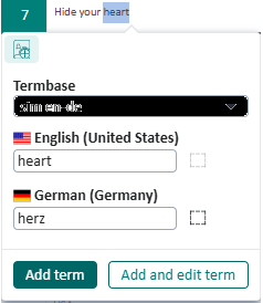 Screenshot of a 'Quick add' dialog box with fields for English and German translations of the term 'Hide your heart', and buttons for 'Add term' and 'Add and edit term'.