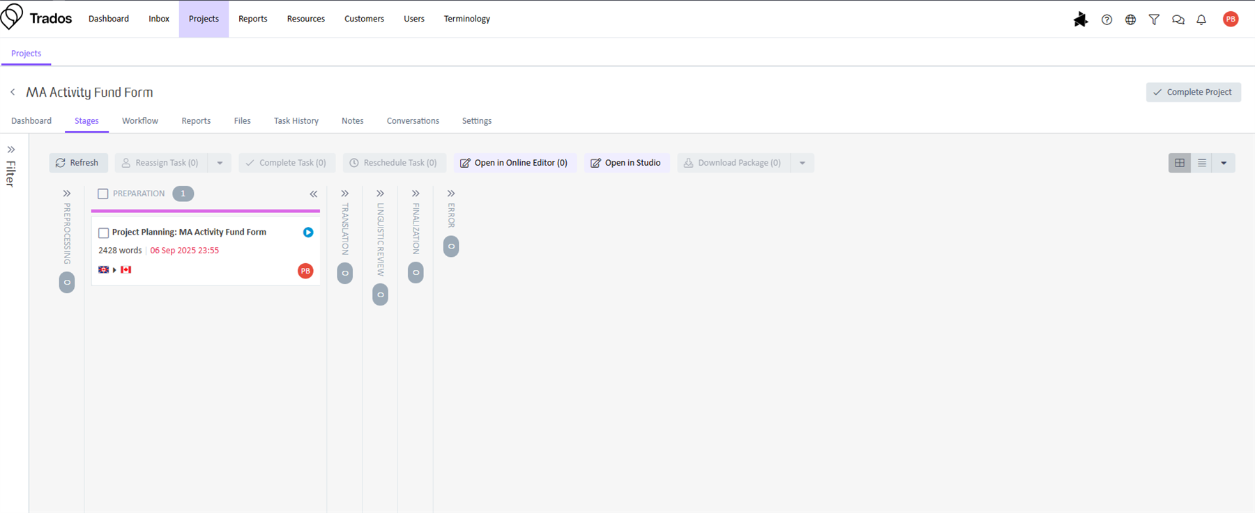 Screenshot of Trados cloud interface showing the Stages tab for the MA Activity Fund Form project. The Preparation stage is active with 2428 words and a deadline of 06 Sep 2025 23:55.