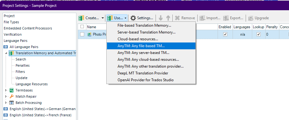 Screenshot of Trados Studio 2024 Project Settings window showing the Translation Memory and Automated Translation section. A dropdown menu is open with options like 'AnyTM: Any file-based TM' highlighted.