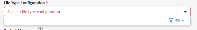 Screenshot of the 'File Type Configuration' field with a red asterisk indicating it is required. The drop-down list is empty, showing the placeholder text 'Select a file type configuration'.