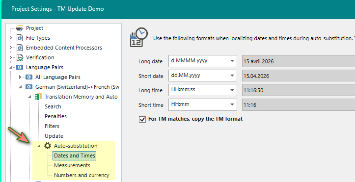 Screenshot of Trados Studio Project Settings showing the Auto-substitution section with options for Dates and Times, Measurements, and Numbers and Currency. Date and time formats are displayed.