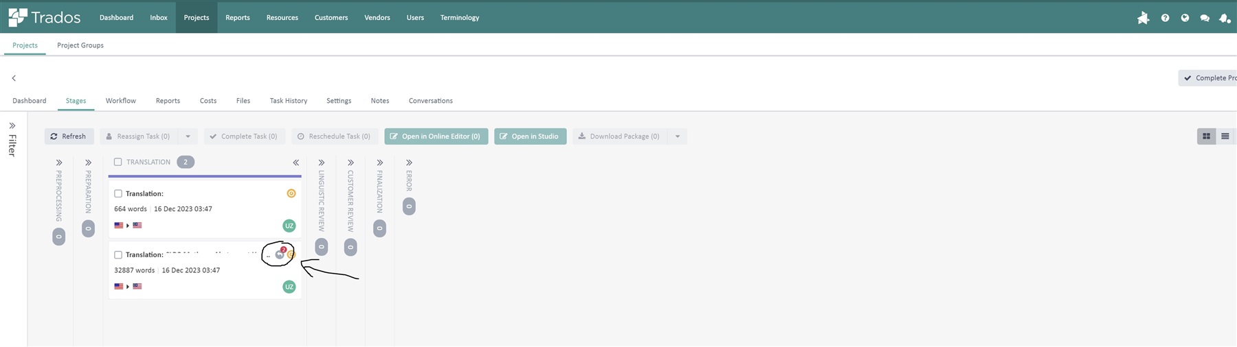 Trados Studio project dashboard showing two translation tasks with one highlighted, indicating a possible issue with task iterations.
