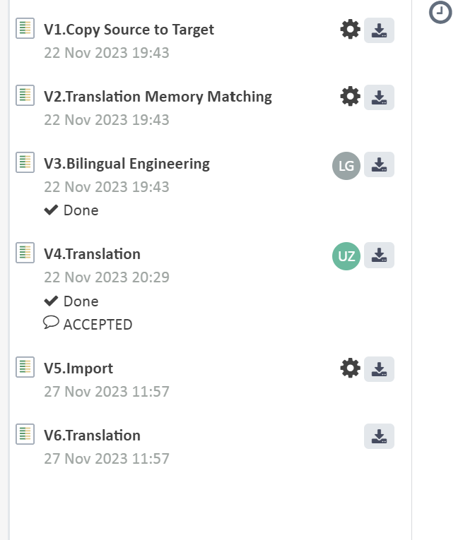 Detailed view of Trados Studio file history with steps including 'Copy Source to Target', 'Translation Memory Matching', 'Bilingual Engineering', 'Translation', 'Import', and 'Translation' marked as done.