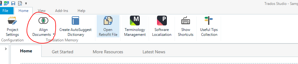 Trados Studio interface showing the 'Home' tab with 'Align Documents' option circled in red indicating its relevance to the alignment feature described.