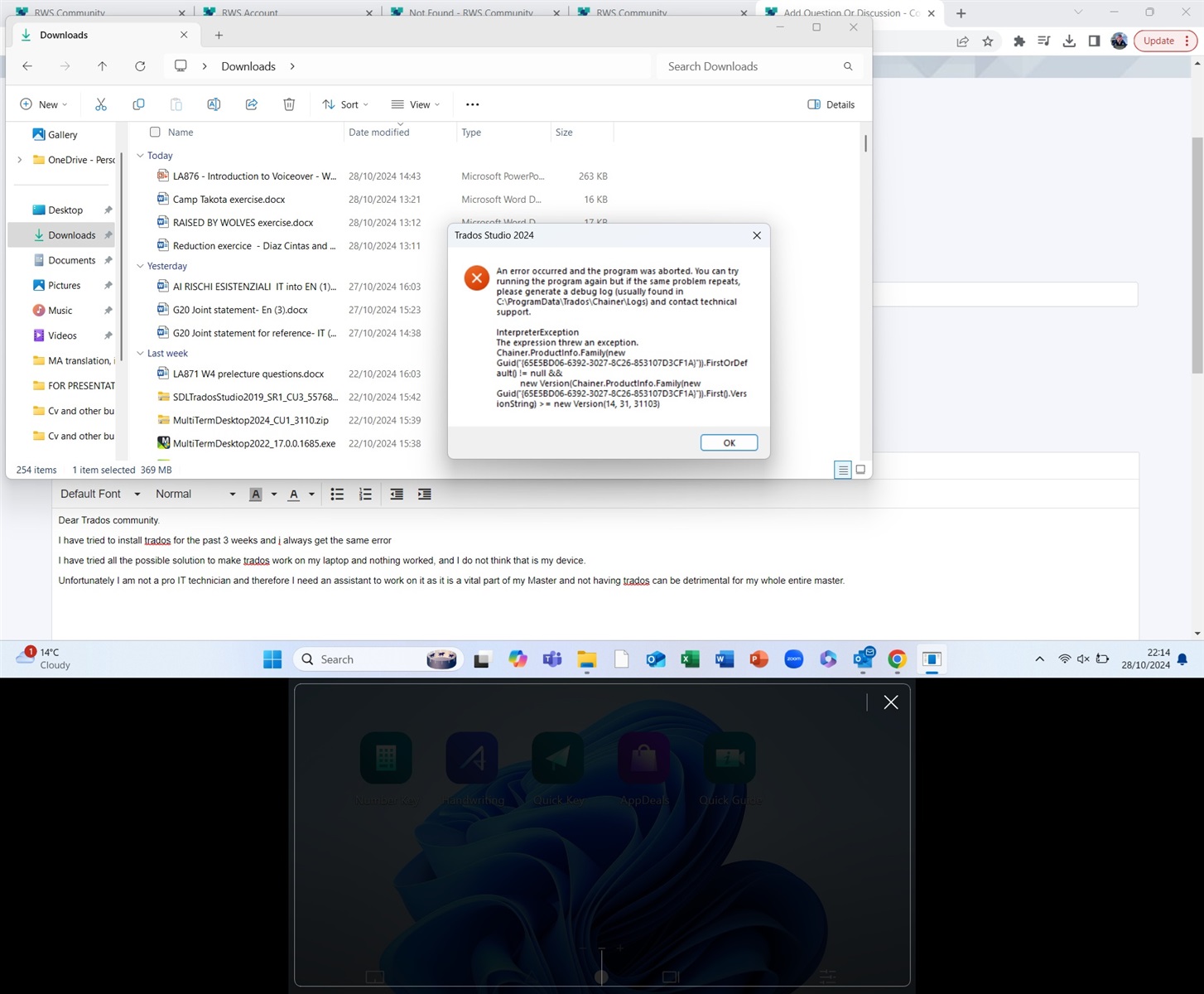 Error message from SDL Trados Studio 2021 on a Windows desktop with a Downloads folder open in the background. The error dialog box shows 'An error occurred and the program was aborted. You can try running the program again but if the same problem repeats, please generate a debug log (usually found in C:ProgramDataRWSTrados StudioLog) and contact technical support.'