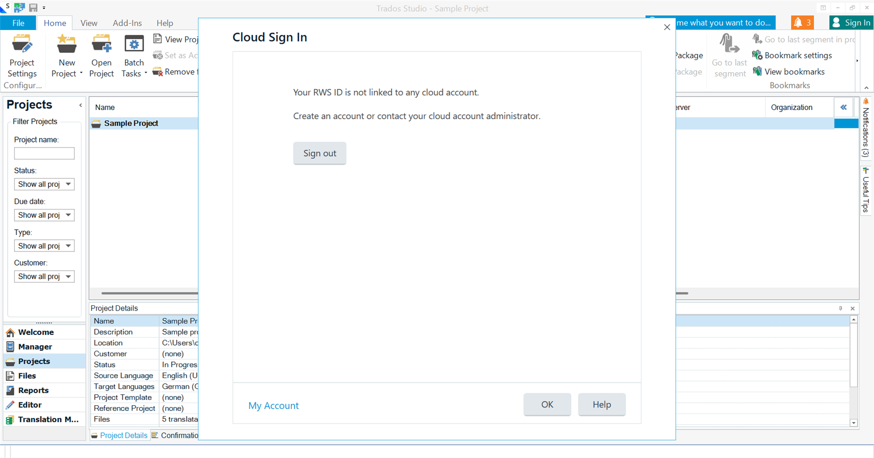 Cloud Sign In window showing message 'Your RWS ID is not linked to any cloud account. Create an account or contact your cloud account administrator.' with Sign Out, OK, and Help buttons.
