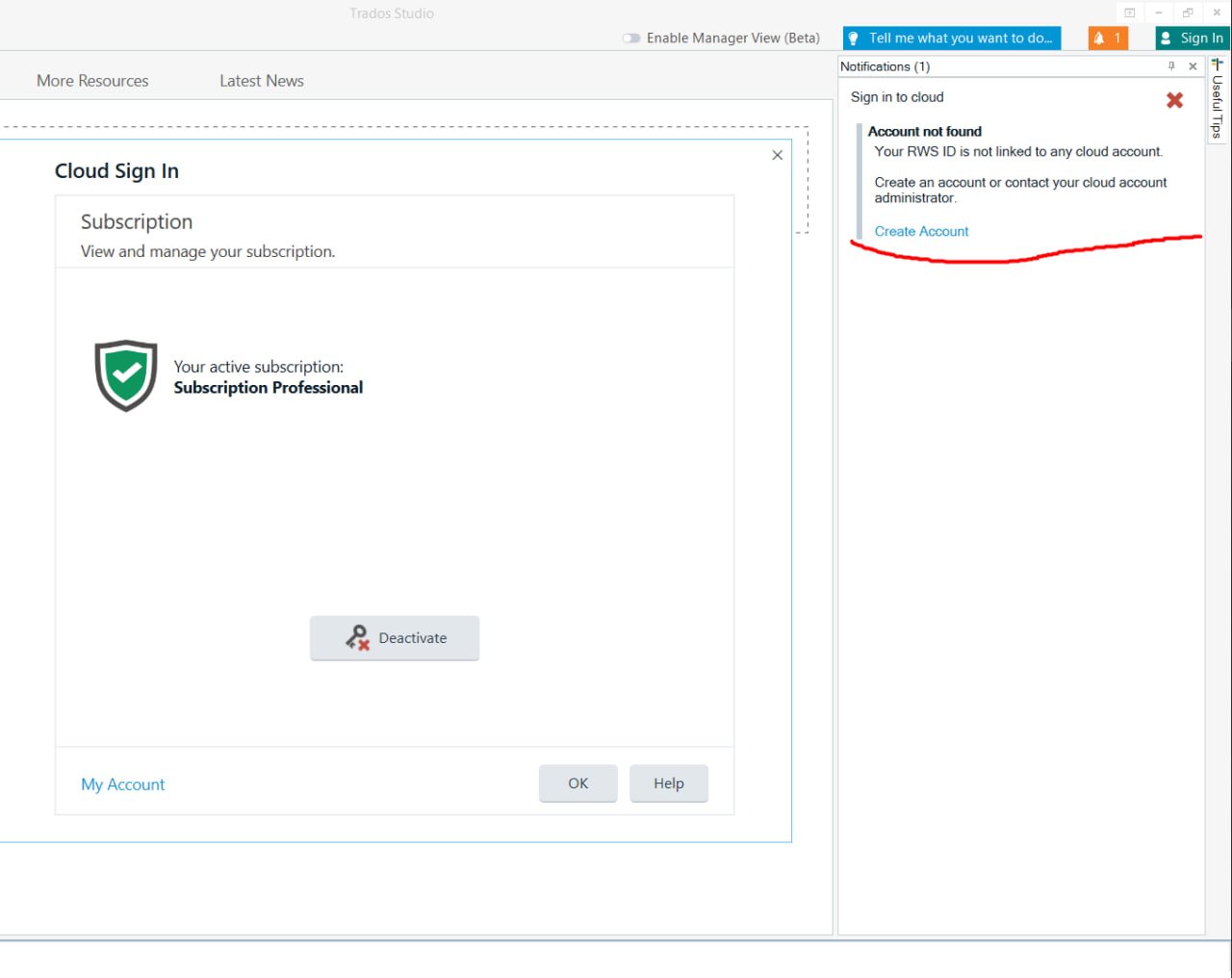 Trados Studio interface showing active subscription as Subscription Professional. Notification bar displays error: Account not found. Suggests creating an account or contacting administrator.