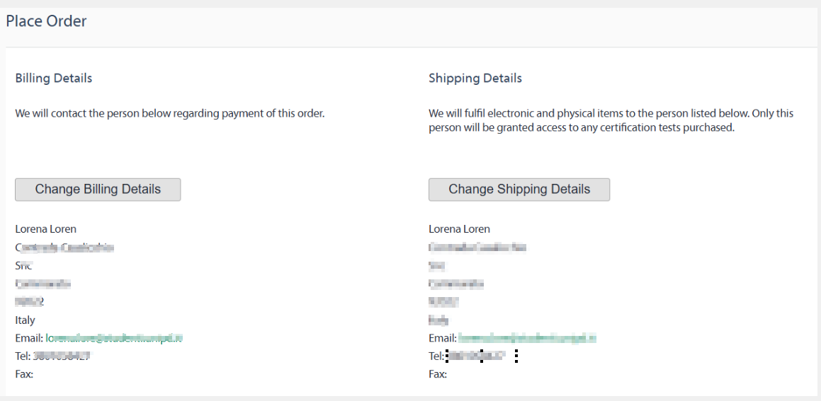 Screenshot of the 'Place Order' page showing Billing Details and Shipping Details sections. The name 'Lorena Loren' is displayed instead of 'Lorena Lo Re' in both sections.
