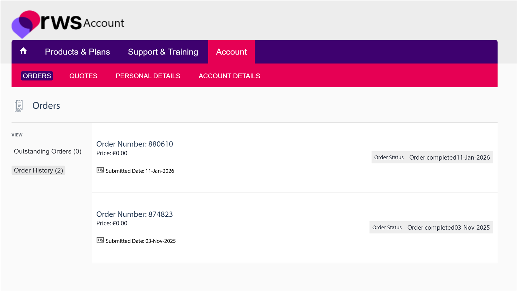 RWS Account orders page showing two completed orders with order numbers 880610 and 874823, their prices as  0.00, and submission dates of 11-Jan-2026 and 03-Nov-2025.