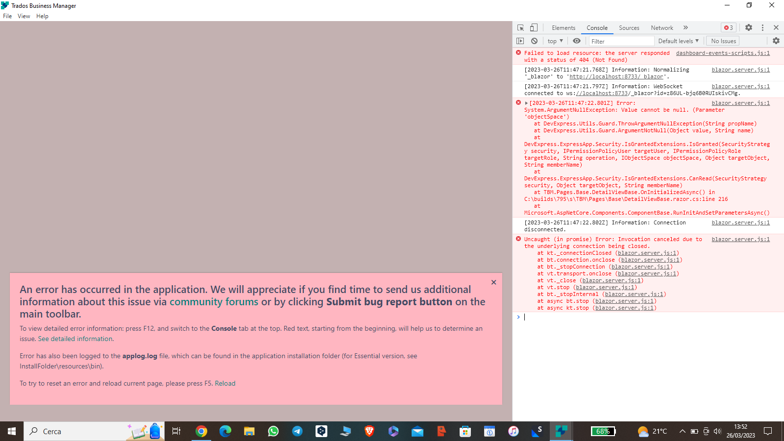 Trados Business Manager desktop screen with an error message popup saying 'An error has occurred in the application.' and instructions to submit a bug report or consult the community forums. The console tab shows multiple error logs.