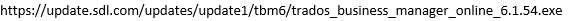 Webpage displaying a download link for Trados Business Manager Online version 6.1.54 executable file.
