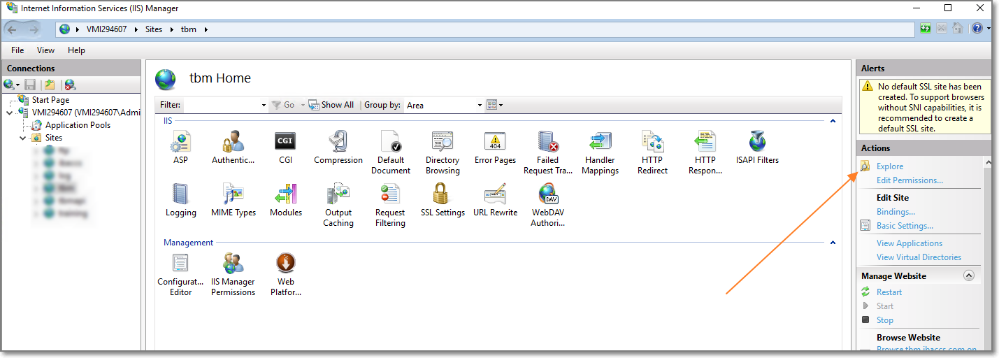 Screenshot of Internet Information Services (IIS) Manager showing the TBM website selected under Sites. An alert message states 'No default SSL site has been created.' with a recommendation to create a default SSL site. The 'Stop' action is highlighted for the TBM website.