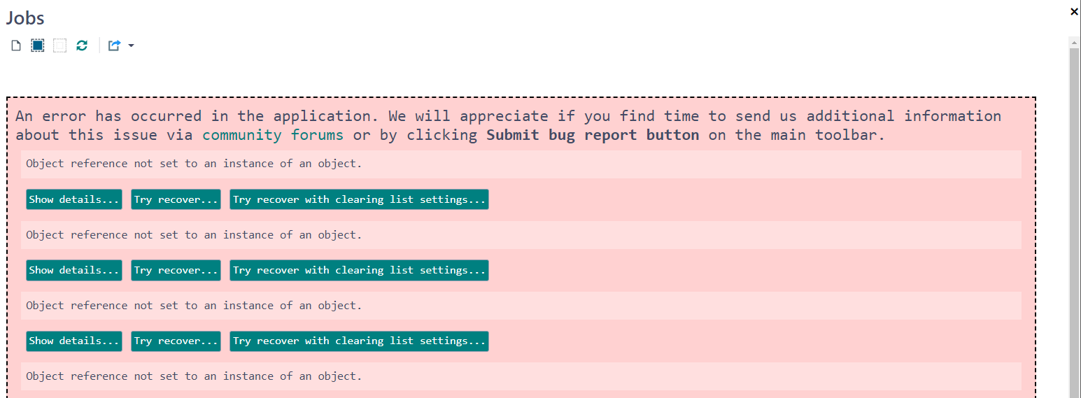 Error message in Trados Studio Jobs window with multiple 'Object reference not set to an instance of an object' errors and options to show details, try recover, or try recover with clearing list settings.