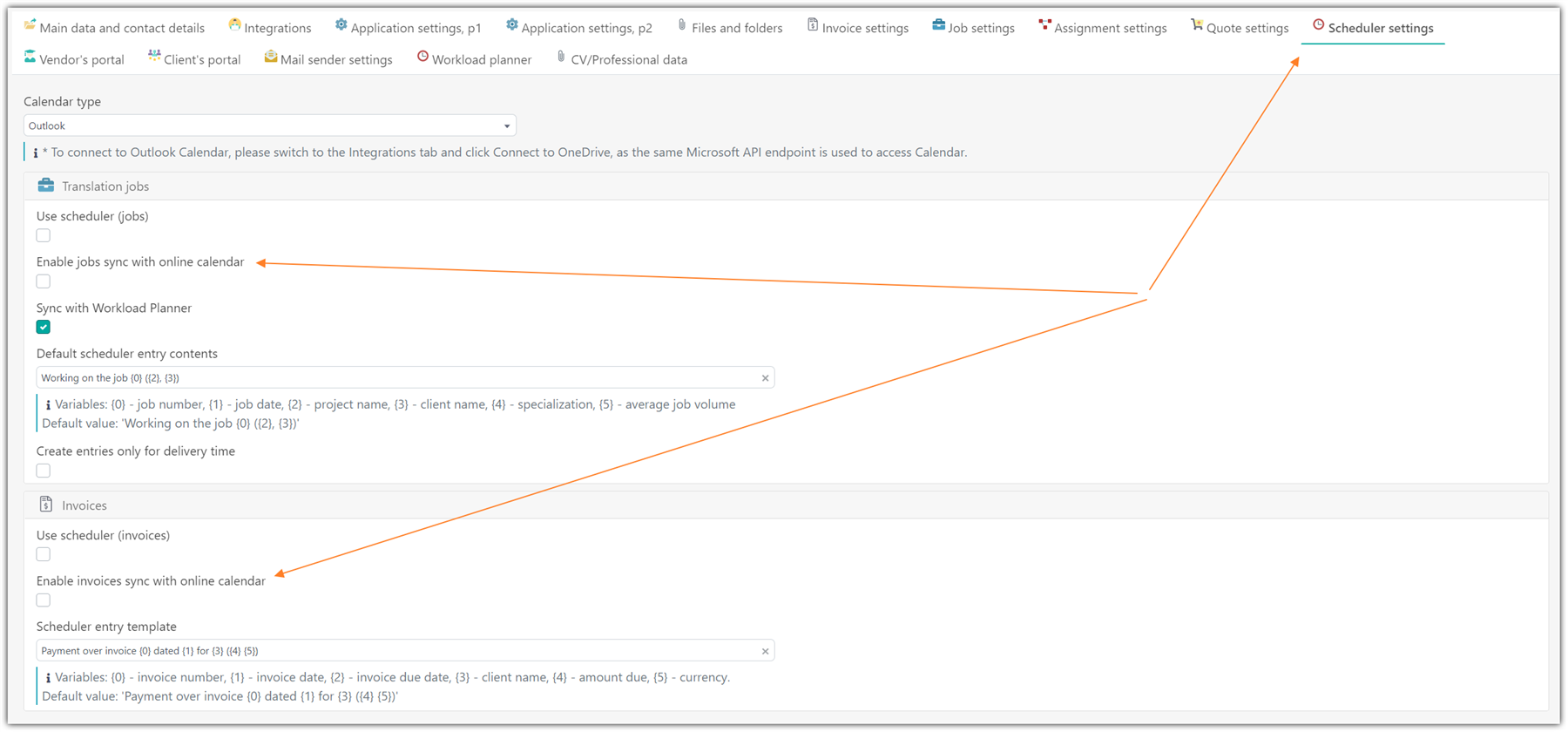 Trados Studio Scheduler settings page showing an unchecked box for 'Enable jobs sync with online calendar' under the 'Translation jobs' section.
