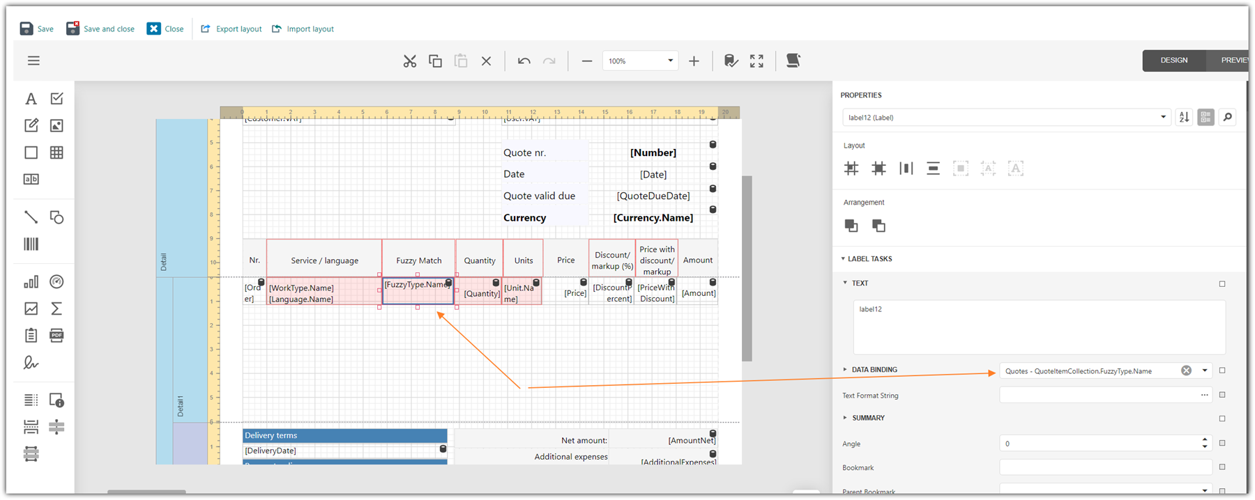 Screenshot of Trados Studio showing a template layout with a highlighted error in the 'Fuzzy Match' field, incorrectly linked to 'Customer.PriceList' instead of 'QuoteItems > FuzzyType > Name'.