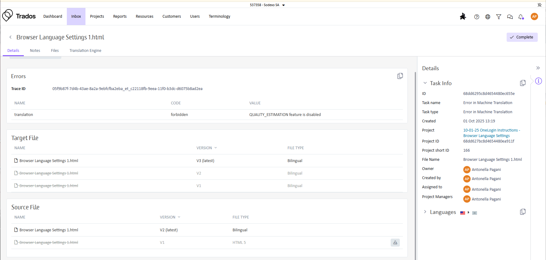 Trados Team details view for 'Browser Language Settings 1.html'. Error details show 'translation forbidden' with 'QUALITY_ESTIMATION feature is disabled'. Task info and file details are visible.