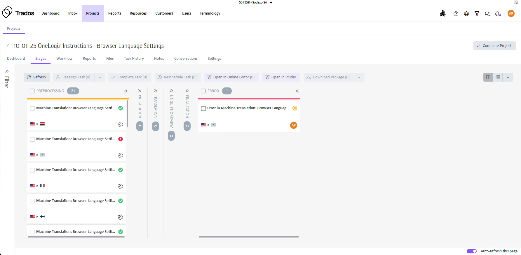 Trados Team project view showing a list of tasks for '10-01-25 OneLogin Instructions - Browser Language Settings'. An error is displayed for Chinese (Simplified) machine translation.