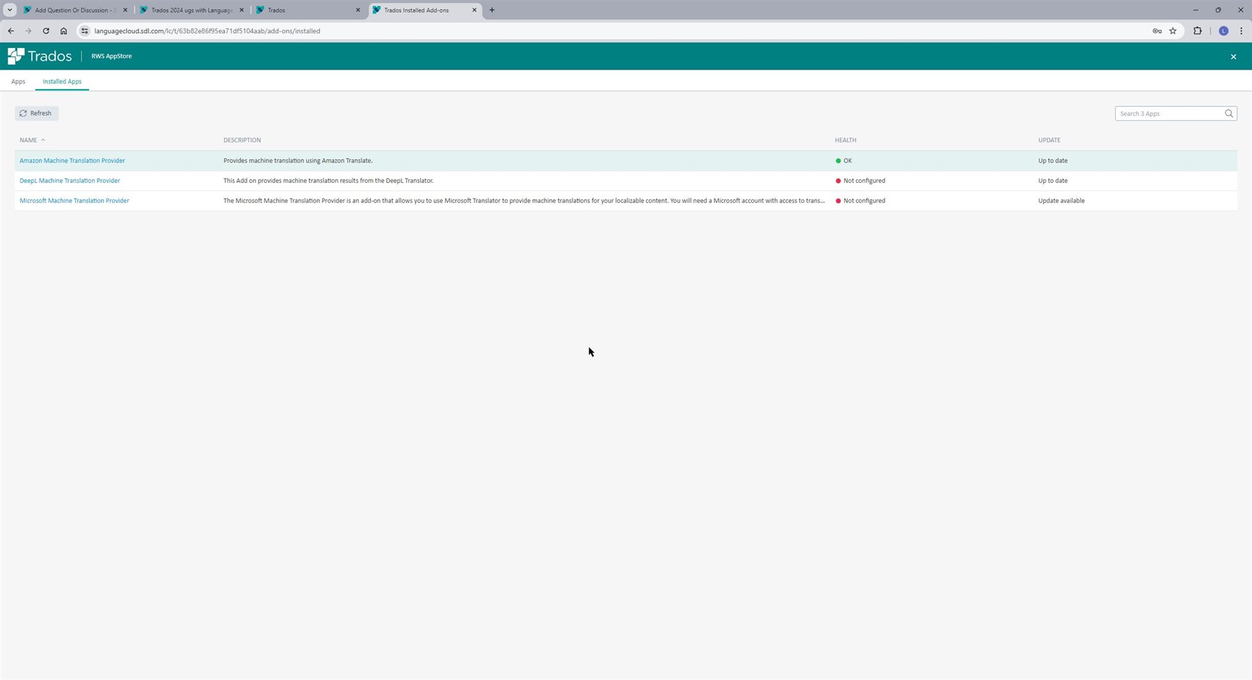 Screenshot of Trados Installed Add-ons page showing Amazon Machine Translation Provider with status OK, DeepL Provider not configured, and Microsoft Provider not configured.