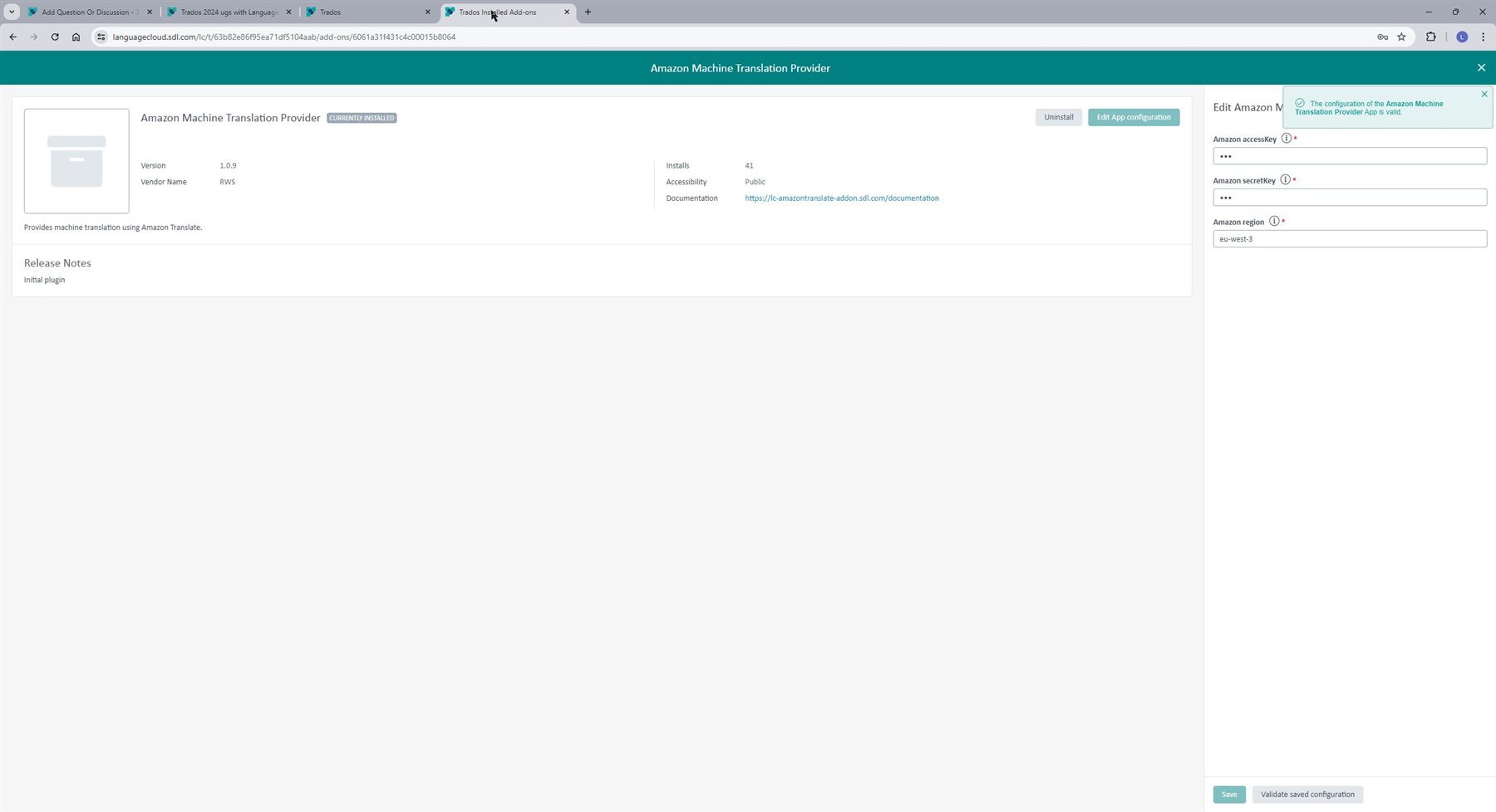 Screenshot of Amazon Machine Translation Provider details with version 1.0.9 installed, showing configuration fields for Amazon access key, secret key, and region set to eu-west-3.
