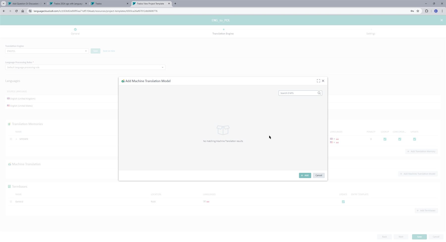 Screenshot of an empty 'Add Machine Translation Model' dialog in Trados with the message 'No matching Machine Translation results' indicating no available models to add.