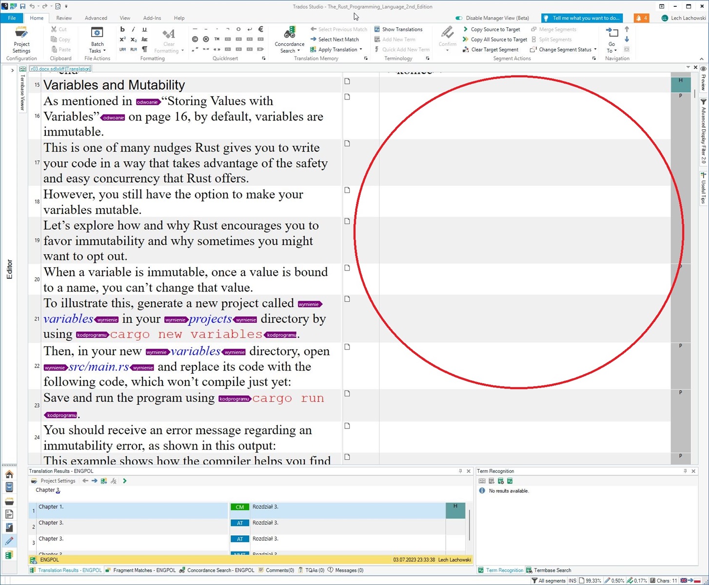Trados Studio workspace with a document open showing no pre-translation in the right column despite manual restart attempts.