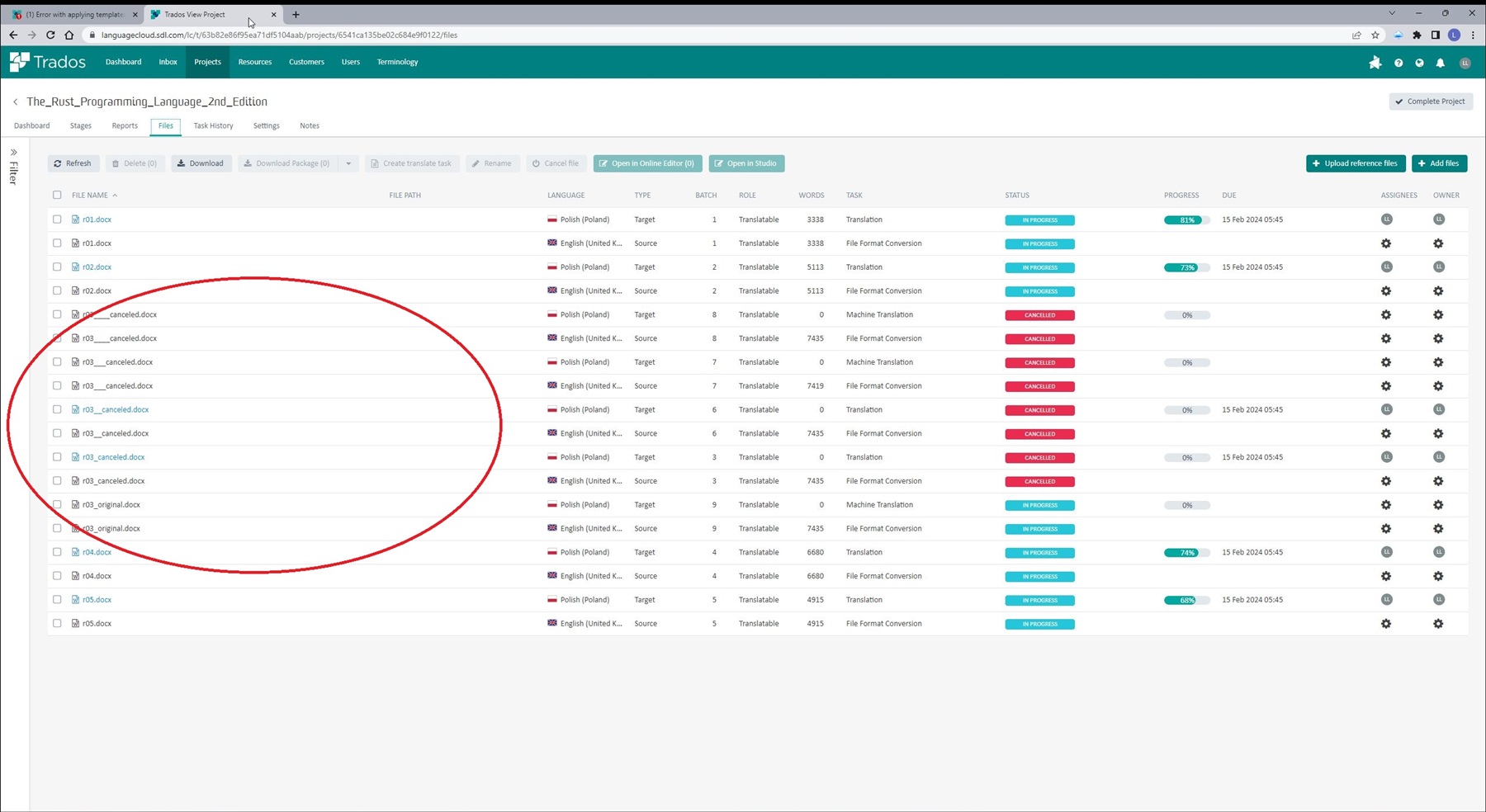 Trados cloud panel displaying a list of files with some r03 files marked as canceled and file names changed.