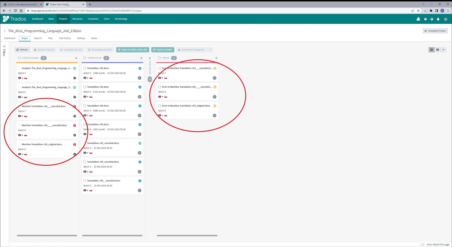 Stages tab in Trados showing three r03 files with a processing error highlighted.